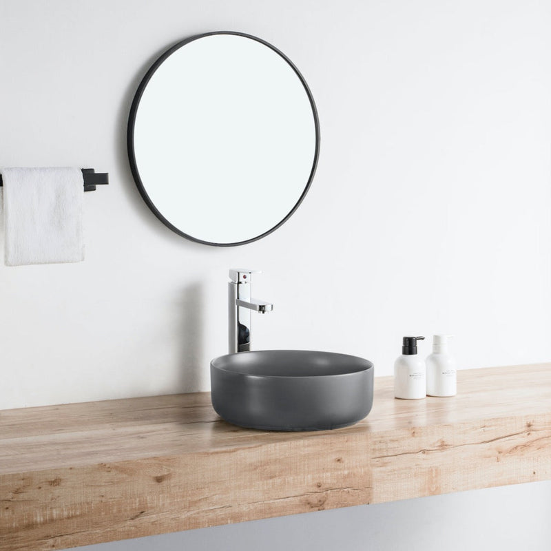 Vue de côté vasque à poser ronde en céramique MENDOZA gris anthracite mat Ø36 cm