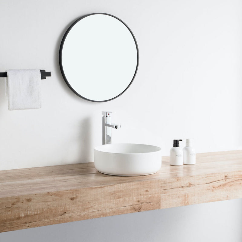 Vue de côté vasque à poser ronde en céramique MENDOZA blanc mat Ø36 cm