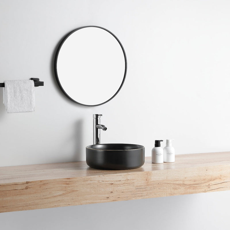 Vasque à poser ronde en céramique MENDOZA noir mat liseré doré - Le Monde du Bain