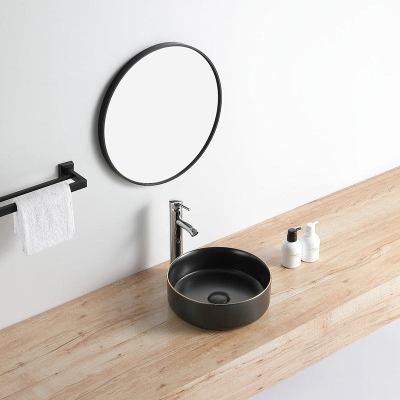 Vasque à poser ronde en céramique MENDOZA noir mat liseré doré - Le Monde du Bain | miniature_Noir mat liseré doré