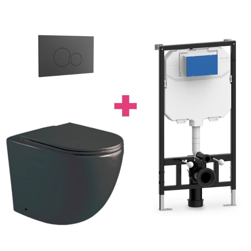 Ensemble WC suspendu en céramique noir mat GENOVA avec réservoir et bouton de chasse d&