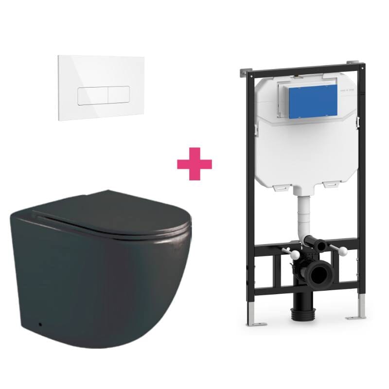 Ensemble WC suspendu en céramique noir mat GENOVA avec réservoir et bouton de chasse d&