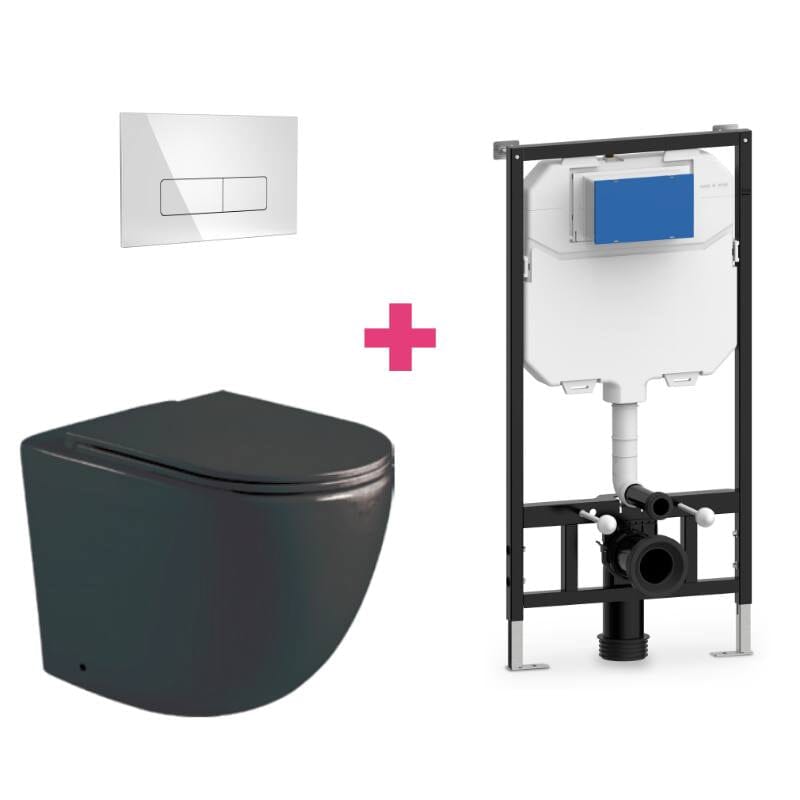 Ensemble WC suspendu en céramique noir mat GENOVA avec réservoir et bouton de chasse d&