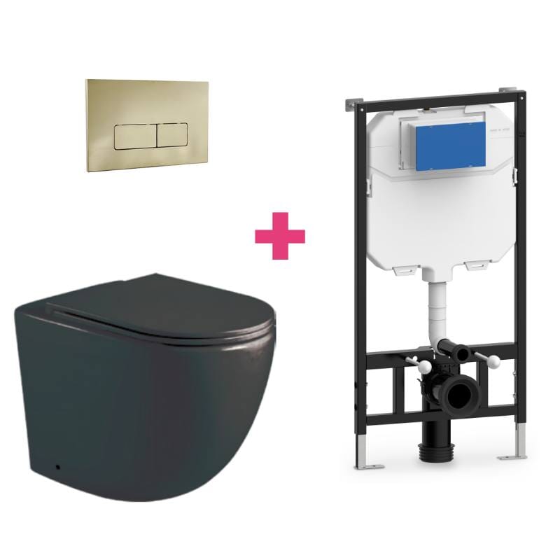 Ensemble WC suspendu en céramique noir mat GENOVA avec réservoir et bouton de chasse d&