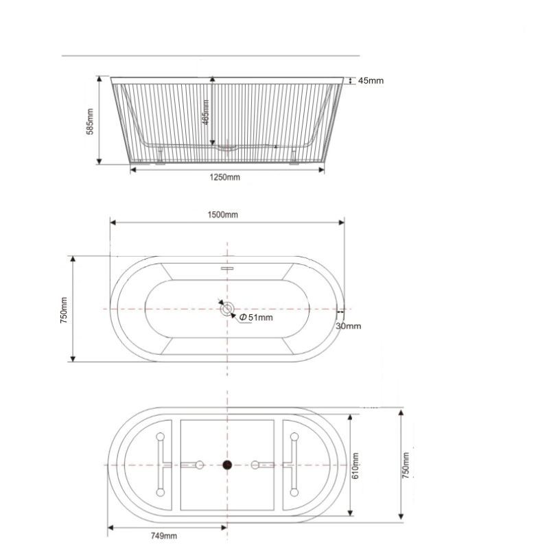 Dimensions Baignoire îlot design ovale CORBIN blanche 150 cm