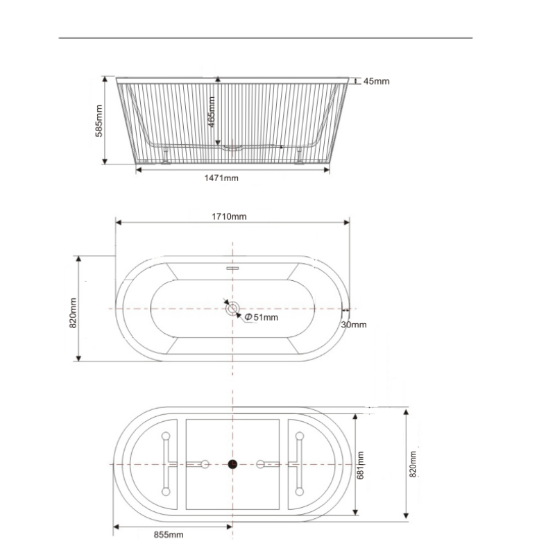 Dimensions Baignoire îlot design ovale CORBIN blanche 170 cm