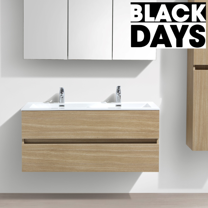 Meuble salle de bain design double vasque SIENA largeur 120 cm, chêne clair texturé