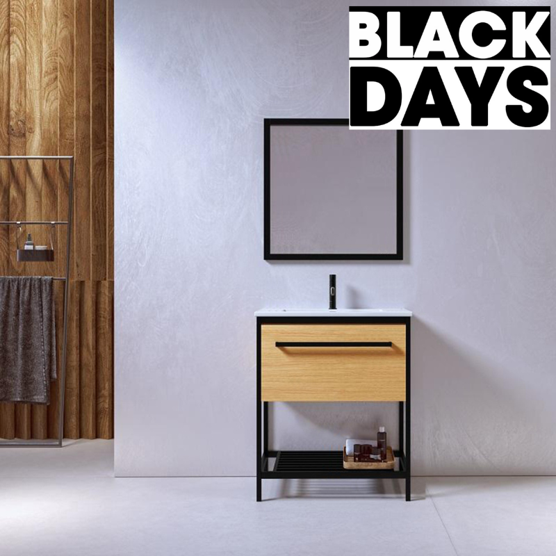 Meuble salle de bain SMART largeur 80 cm, en métal noir avec vasque céramique blanche