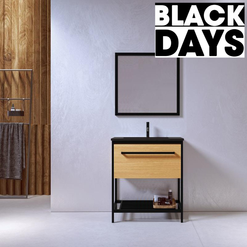 Meuble salle de bain SMART largeur 80 cm, en métal noir avec vasque céramique noire