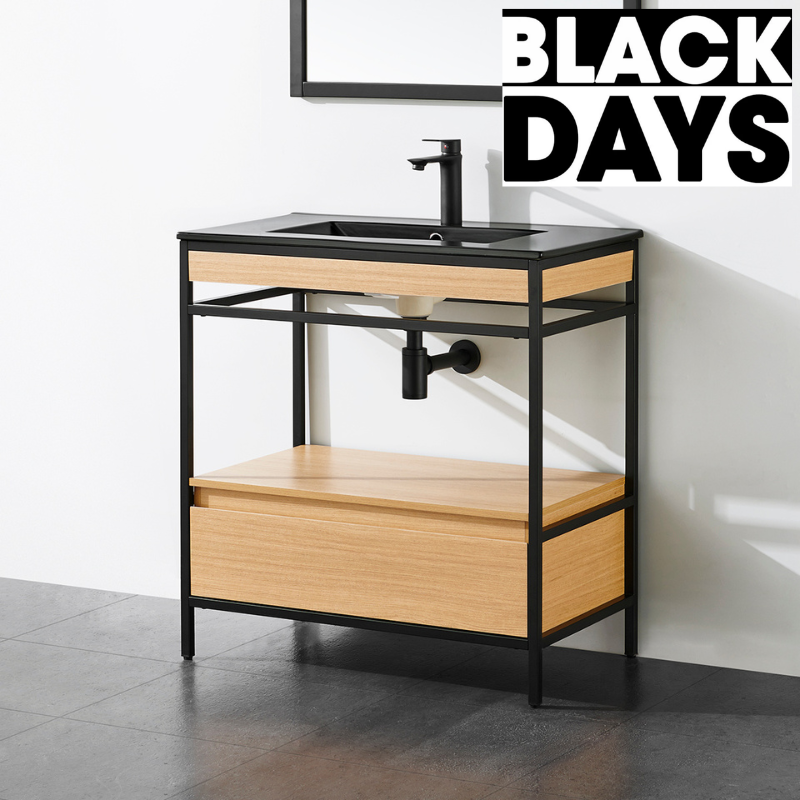 Meuble salle de bain UNIK largeur 80 cm, en métal noir avec vasque céramique noire