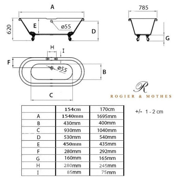 Baignoire rétro ancienne sur pieds dimensions Chelsea