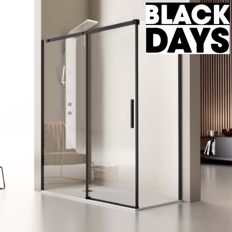 Paroi de douche fixe + Porte coulissante LUNA profil noir mat