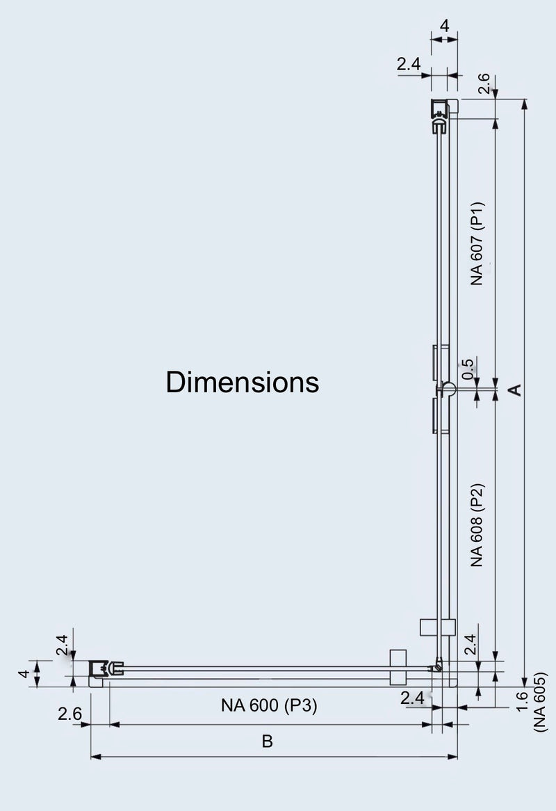 Dimensions paroi de douche accès en angle NARDI 1 porte pivotante + 1 porte pliante à droite