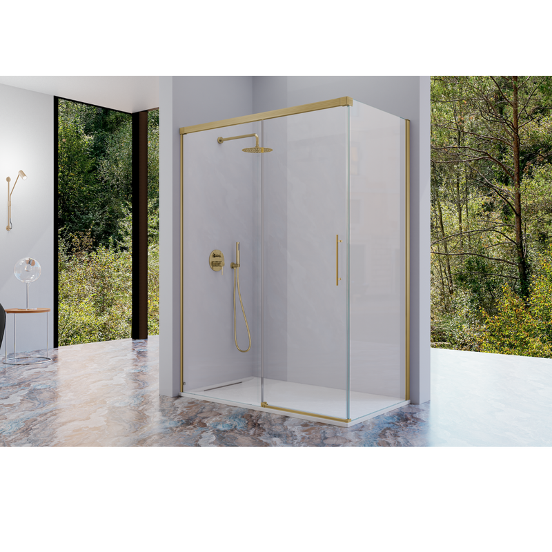 Paroi de douche fixe avec Porte coulissante + Paroi latérale URBAN or brossé - Le Monde du Bain