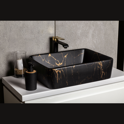 Vasque à poser rectangulaire en céramique TANUMA noir mat marbré doré