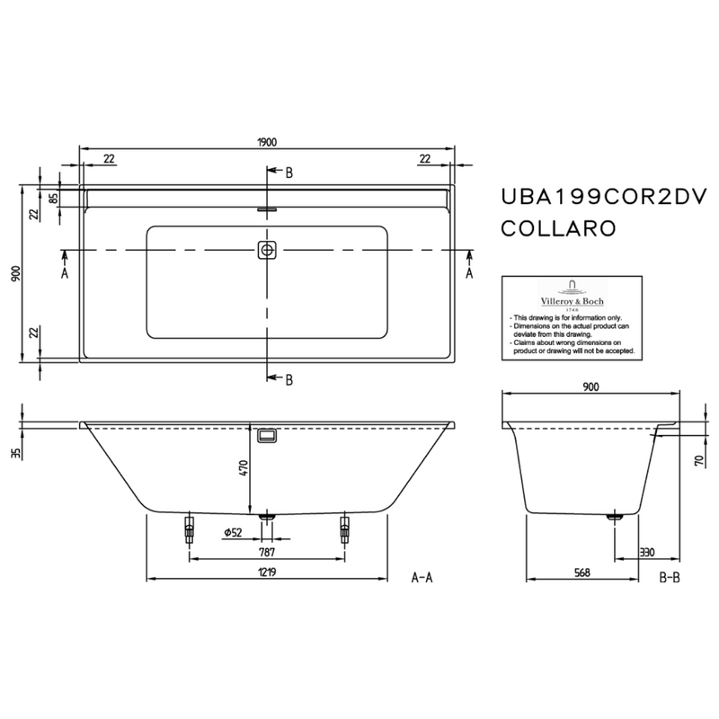 Dimensions Villeroy & Boch Collaro Baignoire rectangulaire, 1900 x 900 mm, Blanc