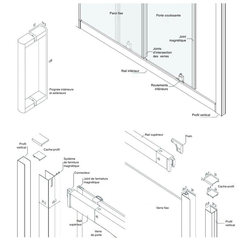 Détails techniques Paroi de douche fixe + porte coulissante ZURICH - Le Monde du Bain