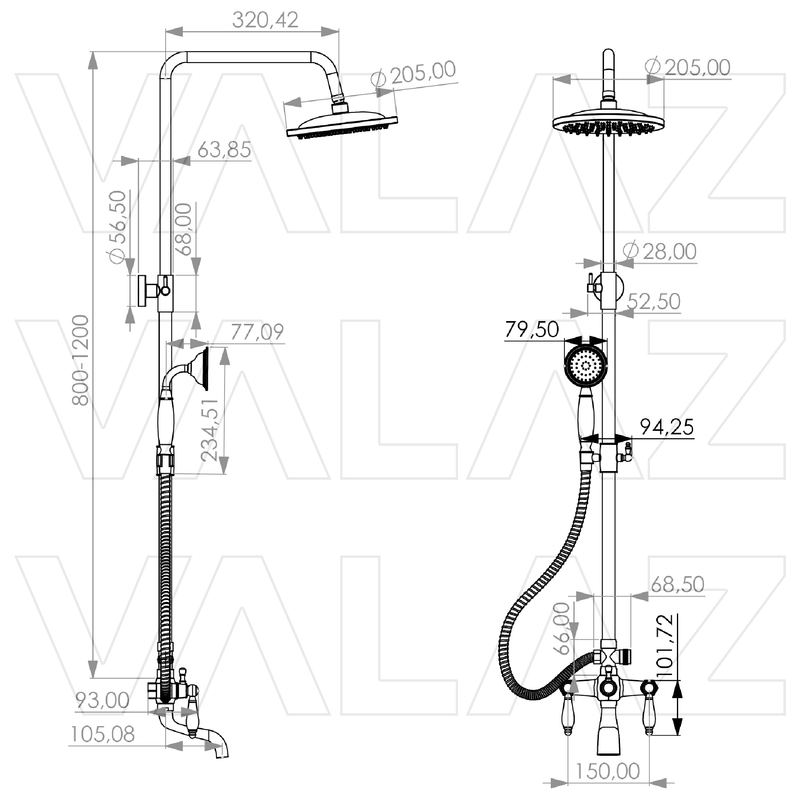 Dimensions - Colonne bain/douche rétro FLORINA or ancien