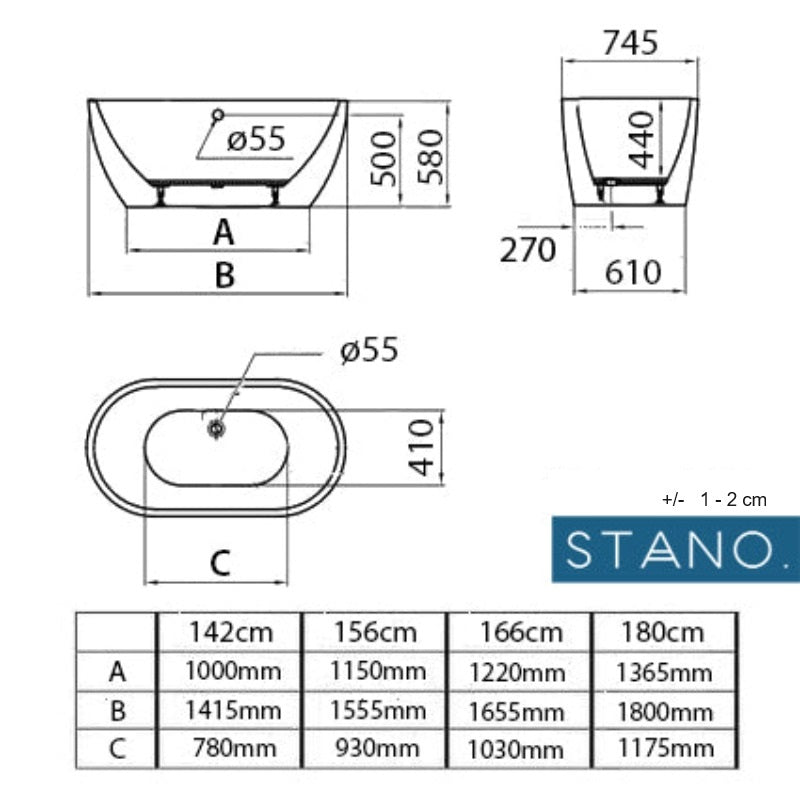 Dimensions - Baignoire ilot design dimensions BOSTON - Le Monde du Bain