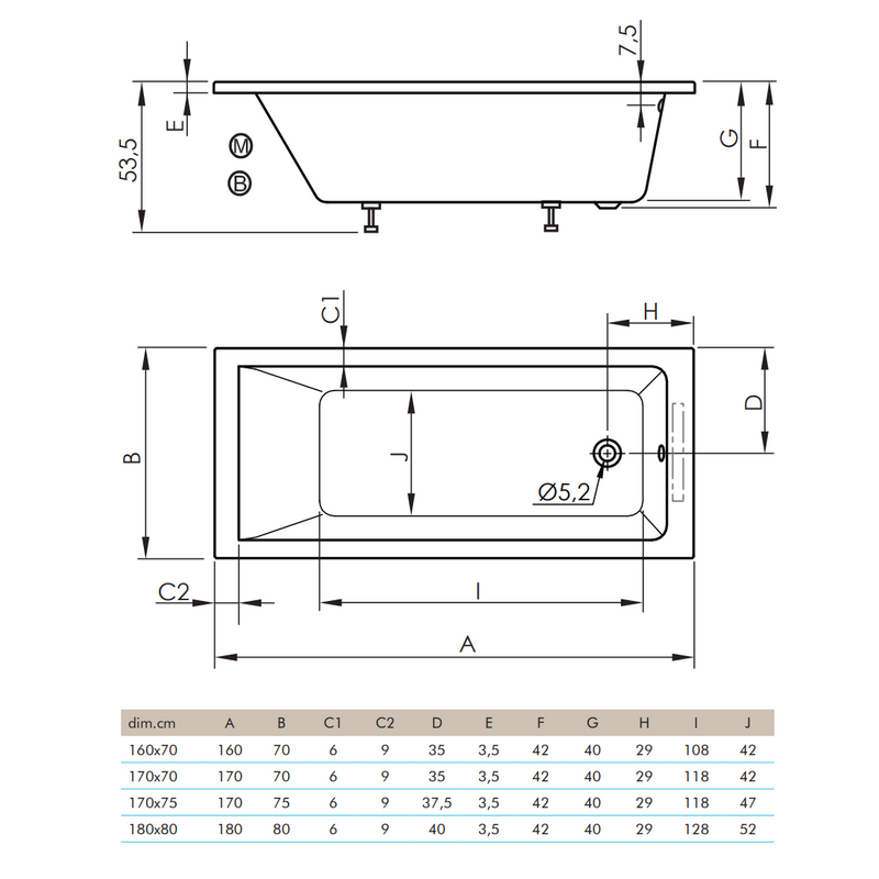 Dimensions - Baignoire rectangulaire encastrable BALI, blanc brillant - Le Monde du Bain