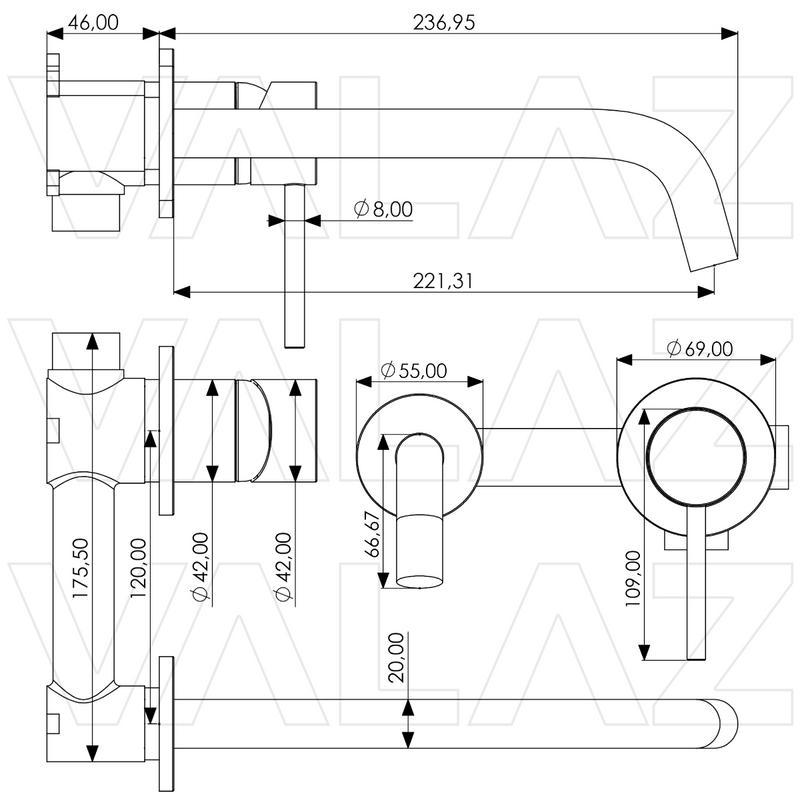 Dimensions - Mitigeur lavabo mural à encastrer CAIMAN or brossé, 23 cm - Le Monde du Bain