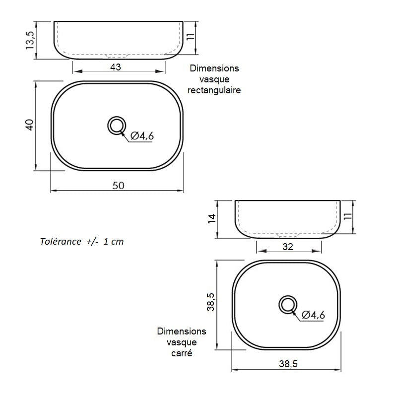 Dimensions - Vasque à poser en céramique CATANIA noir mat - Le Monde du Bain