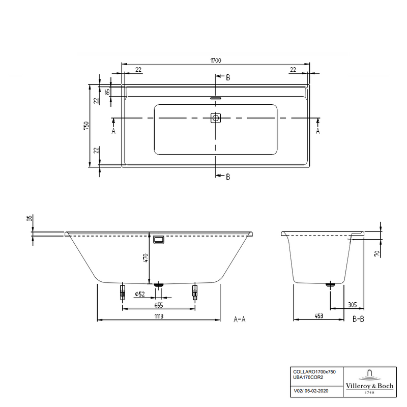 Villeroy & Boch Baignoire rectangulaire Collaro, 1700 x 750 mm, Blanc