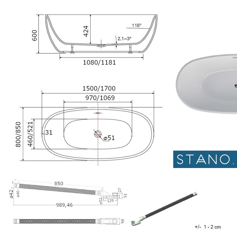 Dimensions - Baignoire îlot design ovale DENVER blanche