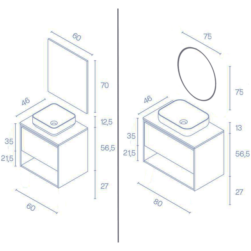 Dimensions - Meuble salle de bain suspendu avec vasque posée NIWA TOP, blanc brillant - Le Monde du Bain