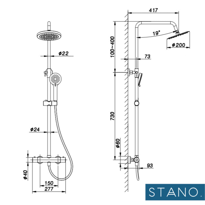 Dimensions - Colonne de douche thermostatique PONTI - Le Monde du Bain