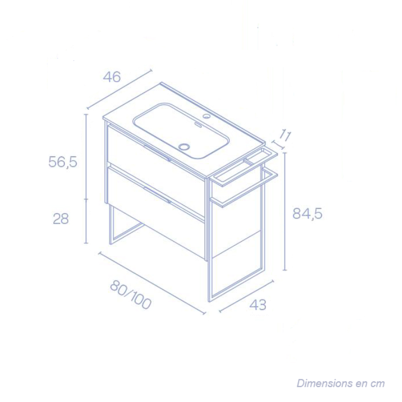 Dimensions - Meuble salle de bain en bois et métal KEIKO largeur 80 - 100 cm, fumé sablé - Le Monde du Bain