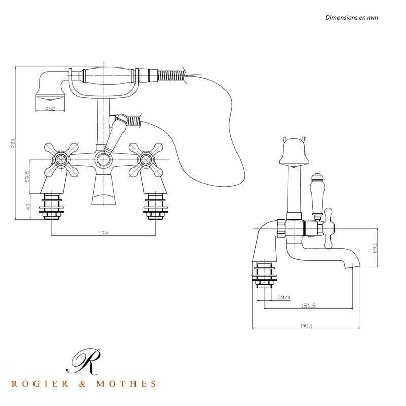 Dimensions - Robinet mélangeur baignoire rétro sur plage VICTORIA - Le Monde du Bain