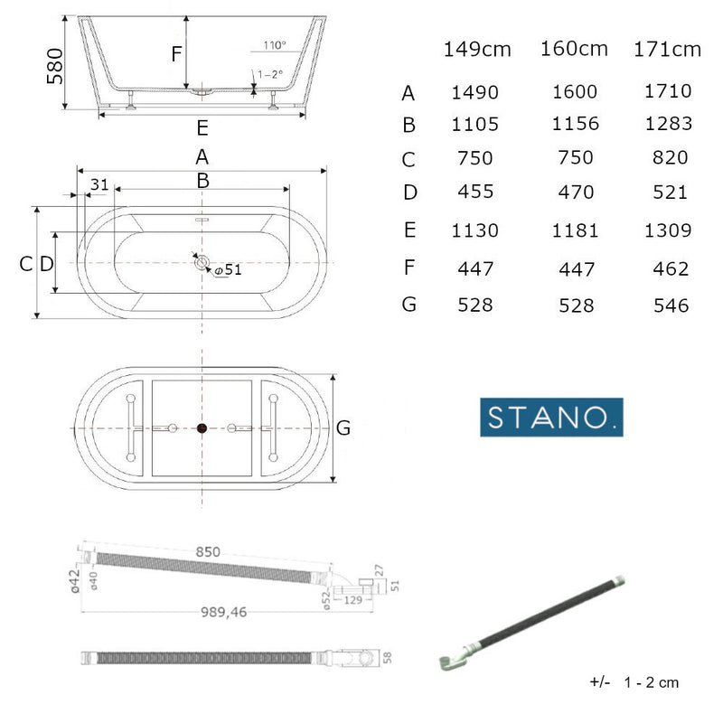 Dimensions - Baignoire îlot design ovale FINDLAY blanche - Le Monde du Bain