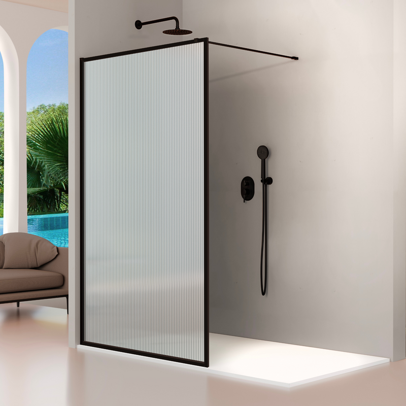 Paroi de douche fixe FRESH PERIMETRAL noire, verre cannelé