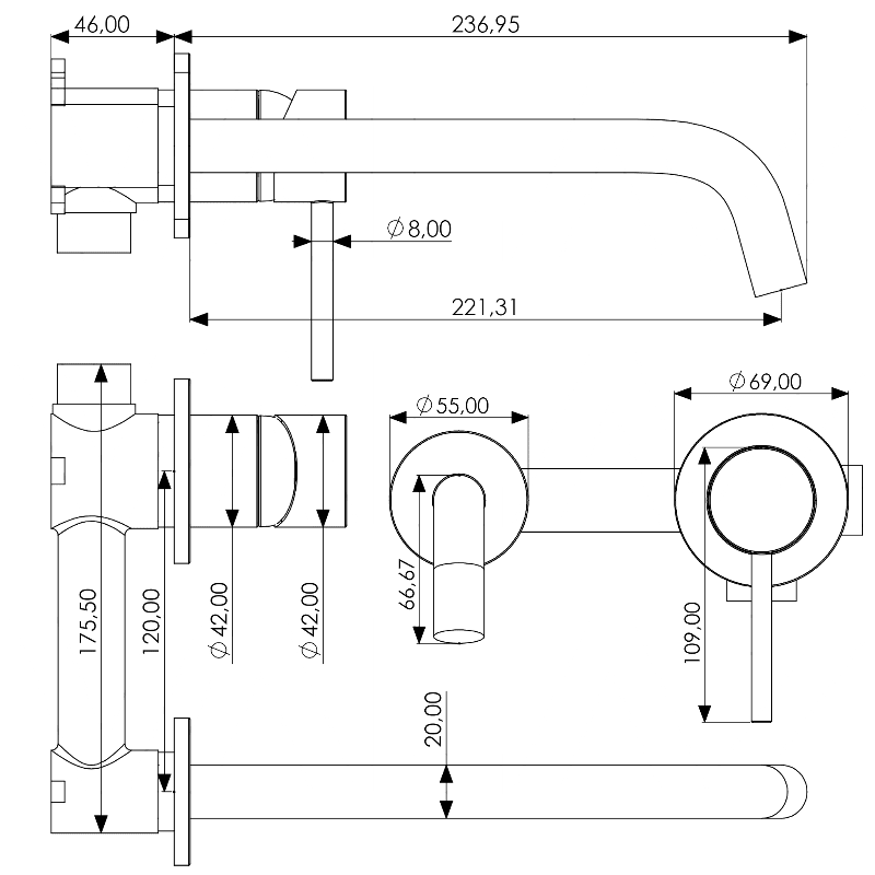Grifo lavabo empotrado redondo monomando negro mate caño fino y fijo serie Deva