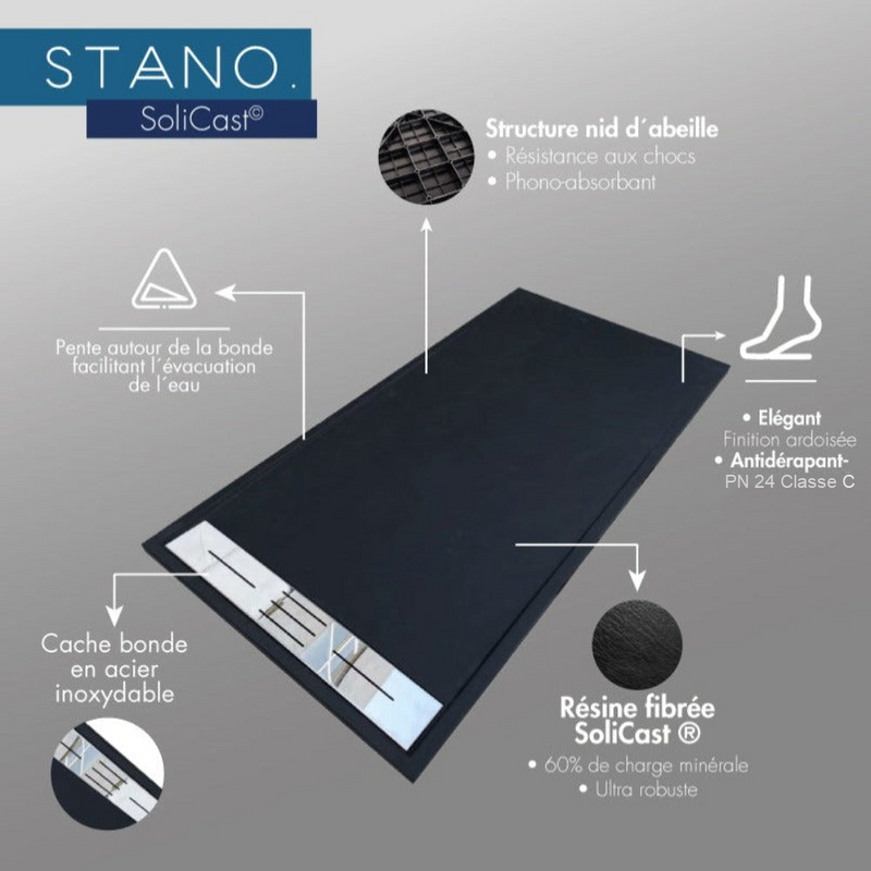 Infographie receveur de douche extra plat LUCIA en SoliCast® surface ardoisée blanc - Le Monde du Bain