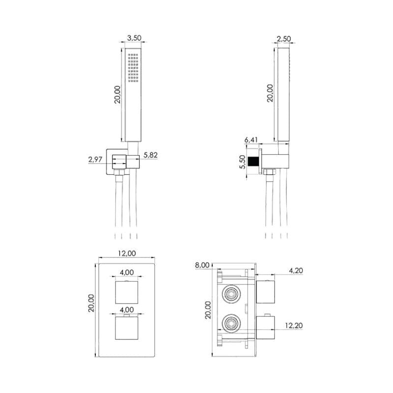 Dimensions - Douchette et commande - Kit de douche thermostatique à encastrer TILSO - Le Monde du Bain