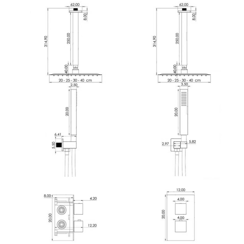 Dimensions - Douchette et commande - Kit de douche thermostatique à encastrer TILSO - Le Monde du Bain