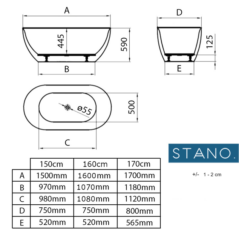 Dimensions - Baignoire îlot design ovale LISBON noir mat - Le Monde du Bain