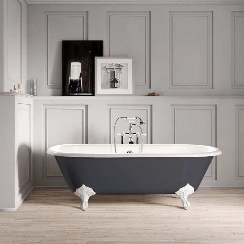 Baignoire sur pieds en fonte PLYMOUTH Grise - pieds blancs - Le Monde du Bain