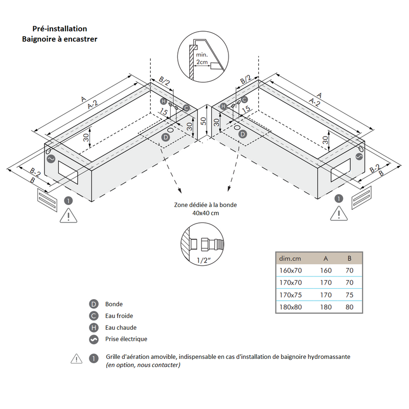Dessin technique de pré-installation - Baignoire rectangulaire encastrable BALI, blanc brillant - Le Monde du Bain