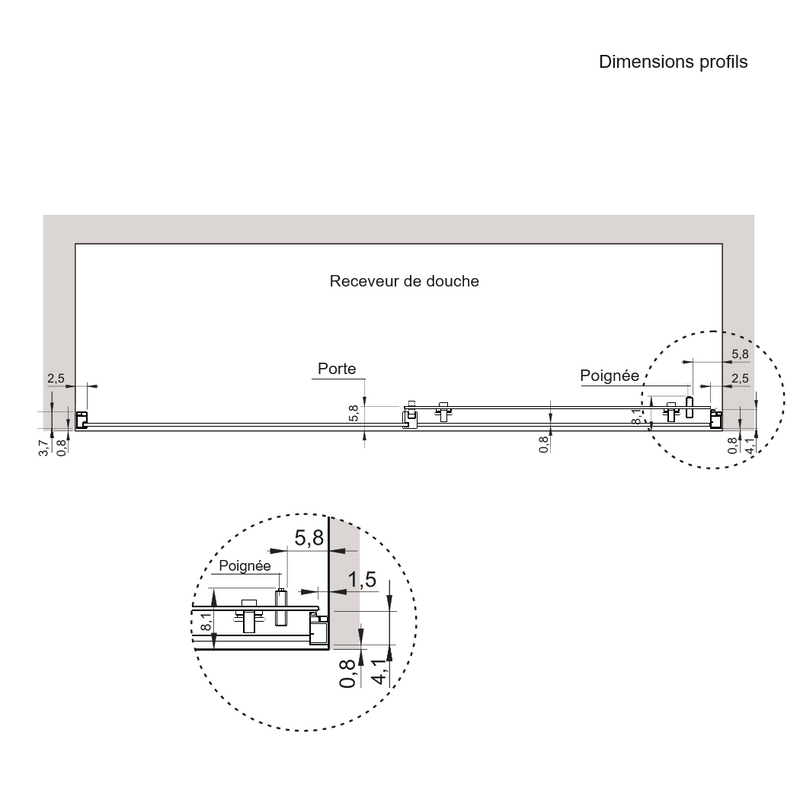 Dimensions des profils - Paroi de douche fixe + porte coulissante DELTA - Le Monde du Bain