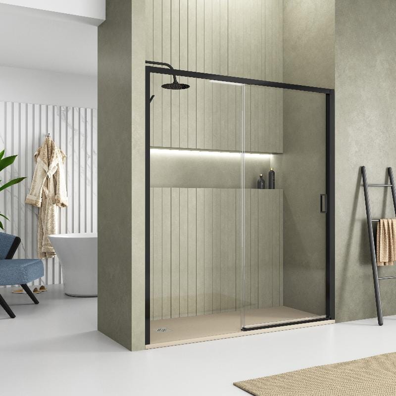 Paroi de douche fixe + porte coulissante TOKIO noir mat - Le Monde du Bain