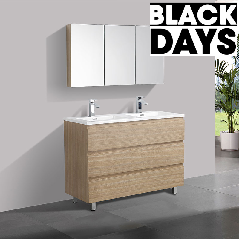 Meuble salle de bain design double vasque VERONA largeur 120 cm, chêne clair texturé