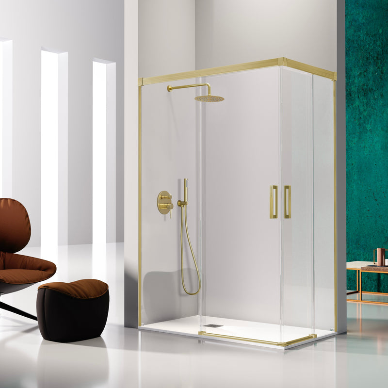 Paroi de douche accès en angle 2 verres fixes + 2 portes coulissantes GLASÉ or brossé