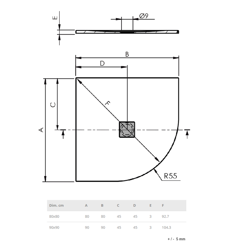 Dimensions - Receveur de douche extra plat LOGIC surface ardoisée, semi-circulaire blanc - Le Monde du Bain