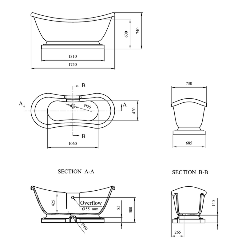 Dimensions baignoire sur socle DARLINGTON - Le monde du bain