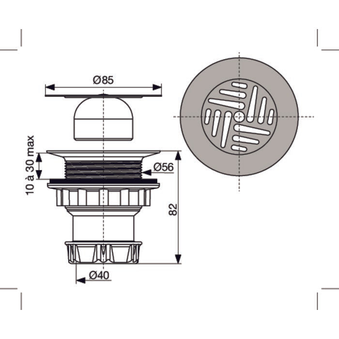 dimensions Bonde verticale VALENTIN Ø60 pour receveurs de douche