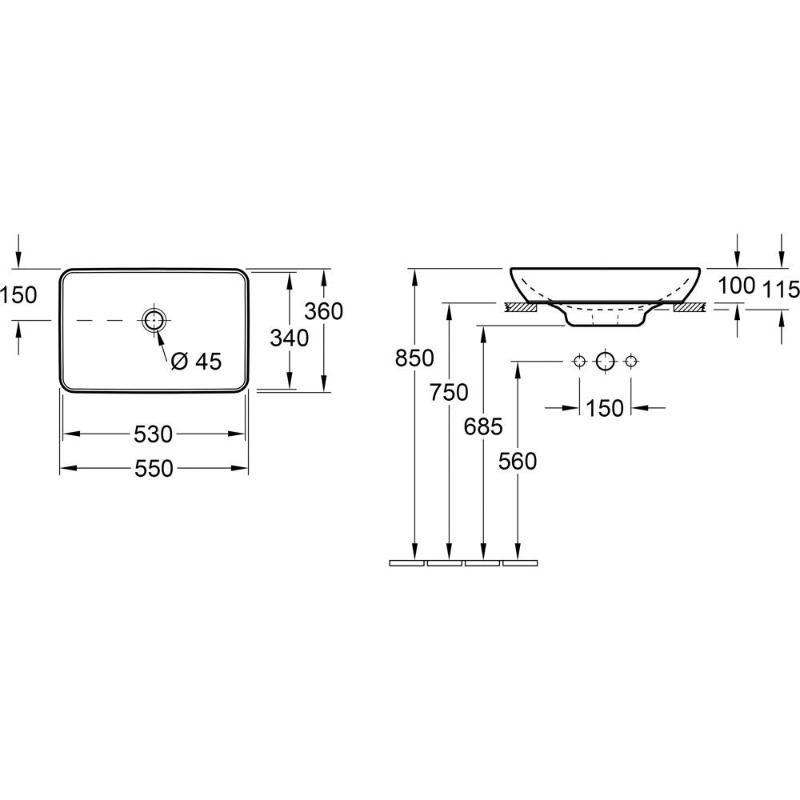 Vasque à poser semi-encastrée Villeroy & Boch Venticello 55 x 36 cm, sans trou pour robinetterie