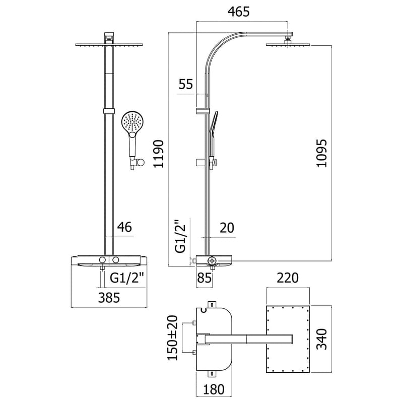 Système de douche apparent KRONENBACH avec thermostat Smart Push et tablette en verre